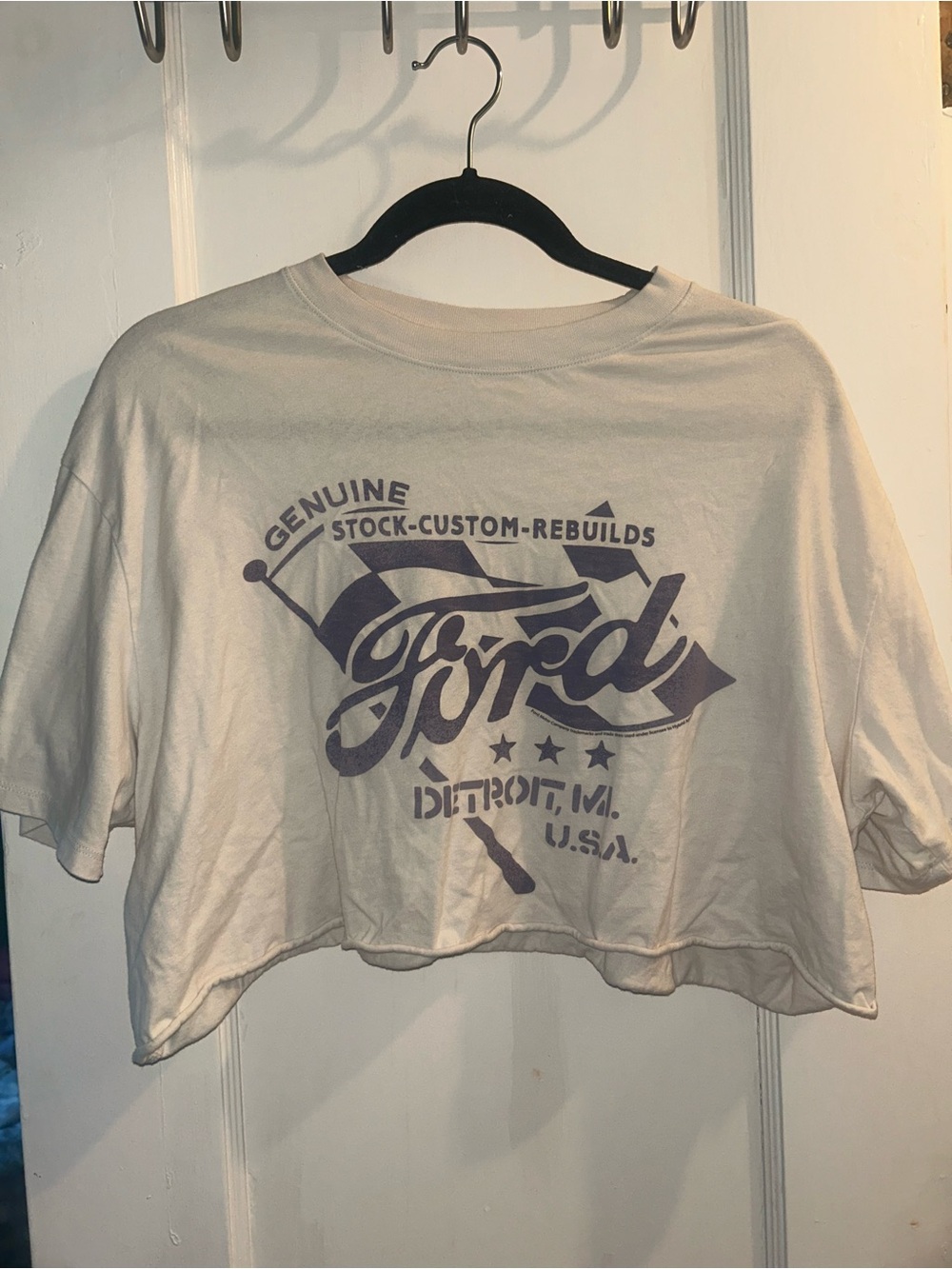 Abercrombie and Fitch Cropped Ford Graphic Crop Tee - Cream with Navy logo